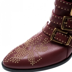 Pre Owned Chloe Maroon Studded Leather Susanna Buckle Detail Ankle Boots Size 40.5