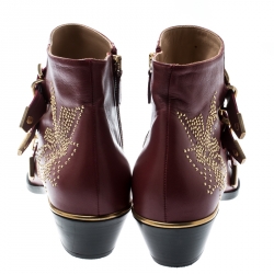 Pre Owned Chloe Maroon Studded Leather Susanna Buckle Detail Ankle Boots Size 40.5