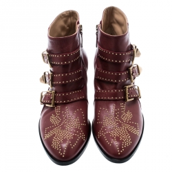 Pre Owned Chloe Maroon Studded Leather Susanna Buckle Detail Ankle Boots Size 40.5