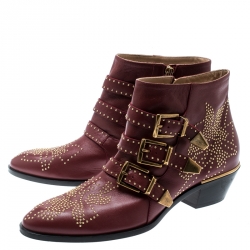 Pre Owned Chloe Maroon Studded Leather Susanna Buckle Detail Ankle Boots Size 40.5