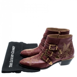 Pre Owned Chloe Maroon Studded Leather Susanna Buckle Detail Ankle Boots Size 40.5
