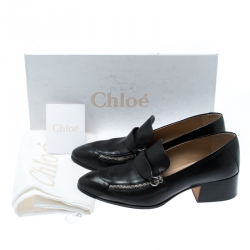 Pre Owned Chloe Black Leather Iumi Block Heel Pumps Size 37.5