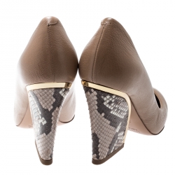 Pre Owned Chloe Beige Leather And Python Block Heel Pumps Size 37.5