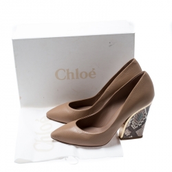 Pre Owned Chloe Beige Leather And Python Block Heel Pumps Size 37.5