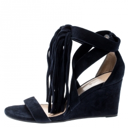 Chloe Blue Suede Cross Strap Fringe Tassel Detail Wedge Sandals Size 36