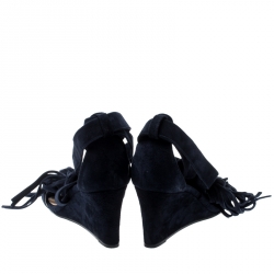 Chloe Blue Suede Cross Strap Fringe Tassel Detail Wedge Sandals Size 36