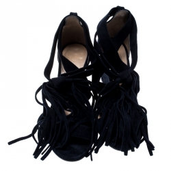 Chloe Blue Suede Cross Strap Fringe Tassel Detail Wedge Sandals Size 36