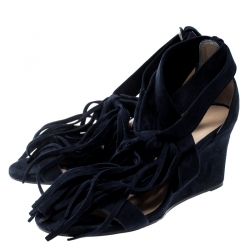 Chloe Blue Suede Cross Strap Fringe Tassel Detail Wedge Sandals Size 36