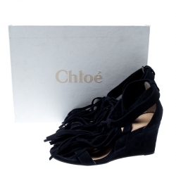 Chloe Blue Suede Cross Strap Fringe Tassel Detail Wedge Sandals Size 36