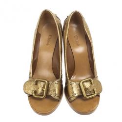Pre Owned Chloe Gold Leather Buckle Open Toe Pumps Size 38