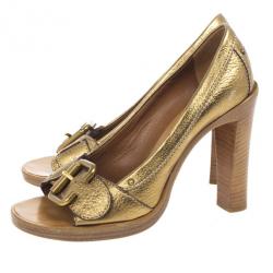 Pre Owned Chloe Gold Leather Buckle Open Toe Pumps Size 38