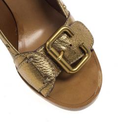 Pre Owned Chloe Gold Leather Buckle Open Toe Pumps Size 38