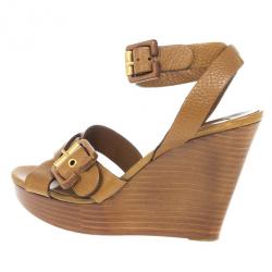 Pre Owned Chloe Brown Leather Ankle Strap Wooden Wedges Size 38