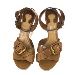 Pre Owned Chloe Brown Leather Ankle Strap Wooden Wedges Size 38