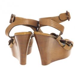 Pre Owned Chloe Brown Leather Ankle Strap Wooden Wedges Size 38