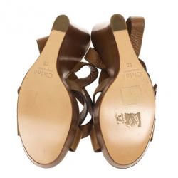 Pre Owned Chloe Brown Leather Ankle Strap Wooden Wedges Size 38