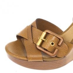 Pre Owned Chloe Brown Leather Ankle Strap Wooden Wedges Size 38