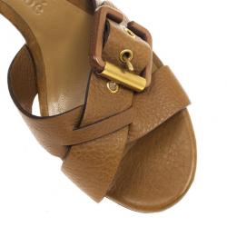 Pre Owned Chloe Brown Leather Ankle Strap Wooden Wedges Size 38