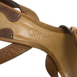 Pre Owned Chloe Brown Leather Ankle Strap Wooden Wedges Size 38