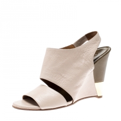 Pre Owned Chloe Beige Leather Estel Peep Toe Slingback Wedges Size 38