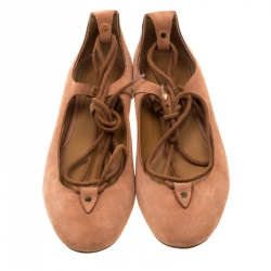 Pre Owned Chloe Beige Suede Foster Lace-up Ballet Flats Size 38