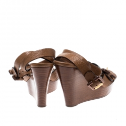 Pre Owned Chloe Brown Leather Ankle Strap Wedges Platform Sandals Size 36