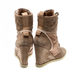 Pre Owned Chloe Pink Suede And Leather Lace Up Wedge Ankle Boots Size 40