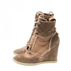 Pre Owned Chloe Pink Suede And Leather Lace Up Wedge Ankle Boots Size 40