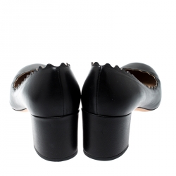 Pre Owned  Chloe Black Leather Lauren Scallop Trim Block Heel Pumps Size 38