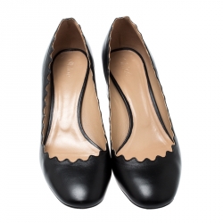 Pre Owned  Chloe Black Leather Lauren Scallop Trim Block Heel Pumps Size 38