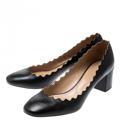 Pre Owned  Chloe Black Leather Lauren Scallop Trim Block Heel Pumps Size 38