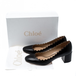 Pre Owned  Chloe Black Leather Lauren Scallop Trim Block Heel Pumps Size 38