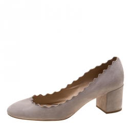 Pre Owned Chloe Light Grey Suede Lauren Scallop Trim Block Heel Pumps Size 39.5