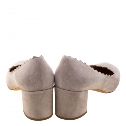 Pre Owned Chloe Light Grey Suede Lauren Scallop Trim Block Heel Pumps Size 39.5