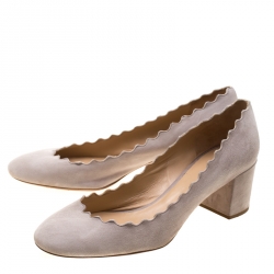 Pre Owned Chloe Light Grey Suede Lauren Scallop Trim Block Heel Pumps Size 39.5