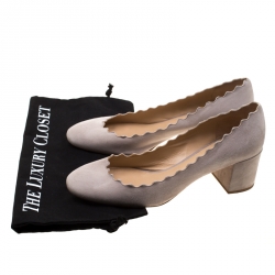 Pre Owned Chloe Light Grey Suede Lauren Scallop Trim Block Heel Pumps Size 39.5