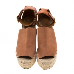  Chloe Brown Suede Leather Espadrille Ankle Strap Wedge Platform Sandals Size 38