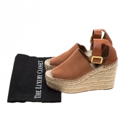  Chloe Brown Suede Leather Espadrille Ankle Strap Wedge Platform Sandals Size 38