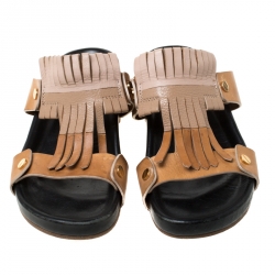 Pre Owned Chloe Beige/Brown Leather 'Erika' Kiltie Trim Flat Sandals Size 37