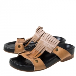 Pre Owned Chloe Beige/Brown Leather 'Erika' Kiltie Trim Flat Sandals Size 37