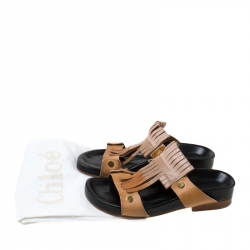 Pre Owned Chloe Beige/Brown Leather 'Erika' Kiltie Trim Flat Sandals Size 37