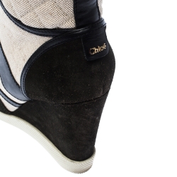 Pre Owned Chloe Black Suede Leather And Beige Canvas Wedge Ankle Boots Size 39.5