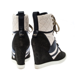 Pre Owned Chloe Black Suede Leather And Beige Canvas Wedge Ankle Boots Size 39.5