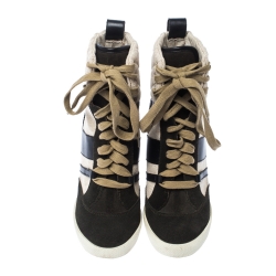 Pre Owned Chloe Black Suede Leather And Beige Canvas Wedge Ankle Boots Size 39.5