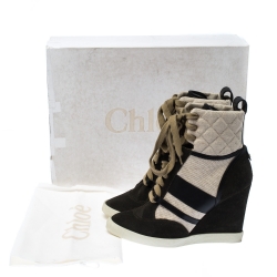 Pre Owned Chloe Black Suede Leather And Beige Canvas Wedge Ankle Boots Size 39.5
