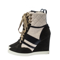 Pre Owned Chloe Black Suede Leather And Beige Canvas Wedge Ankle Boots Size 39.5