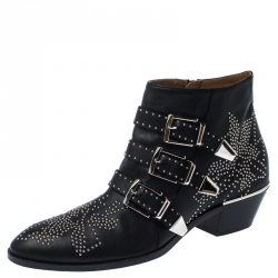 Pre Owned Chloe Black Embellished Leather Susanna Ankle Boots Size 40.5