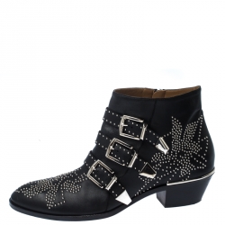 Pre Owned Chloe Black Embellished Leather Susanna Ankle Boots Size 40.5