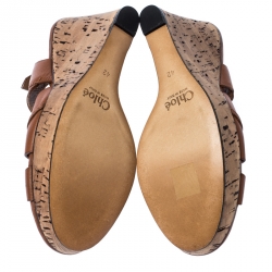 Chloe Brown Leather Ankle Strap Cork Wedge Platform Sandals Size 42