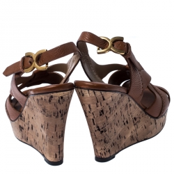 Chloe Brown Leather Ankle Strap Cork Wedge Platform Sandals Size 42
